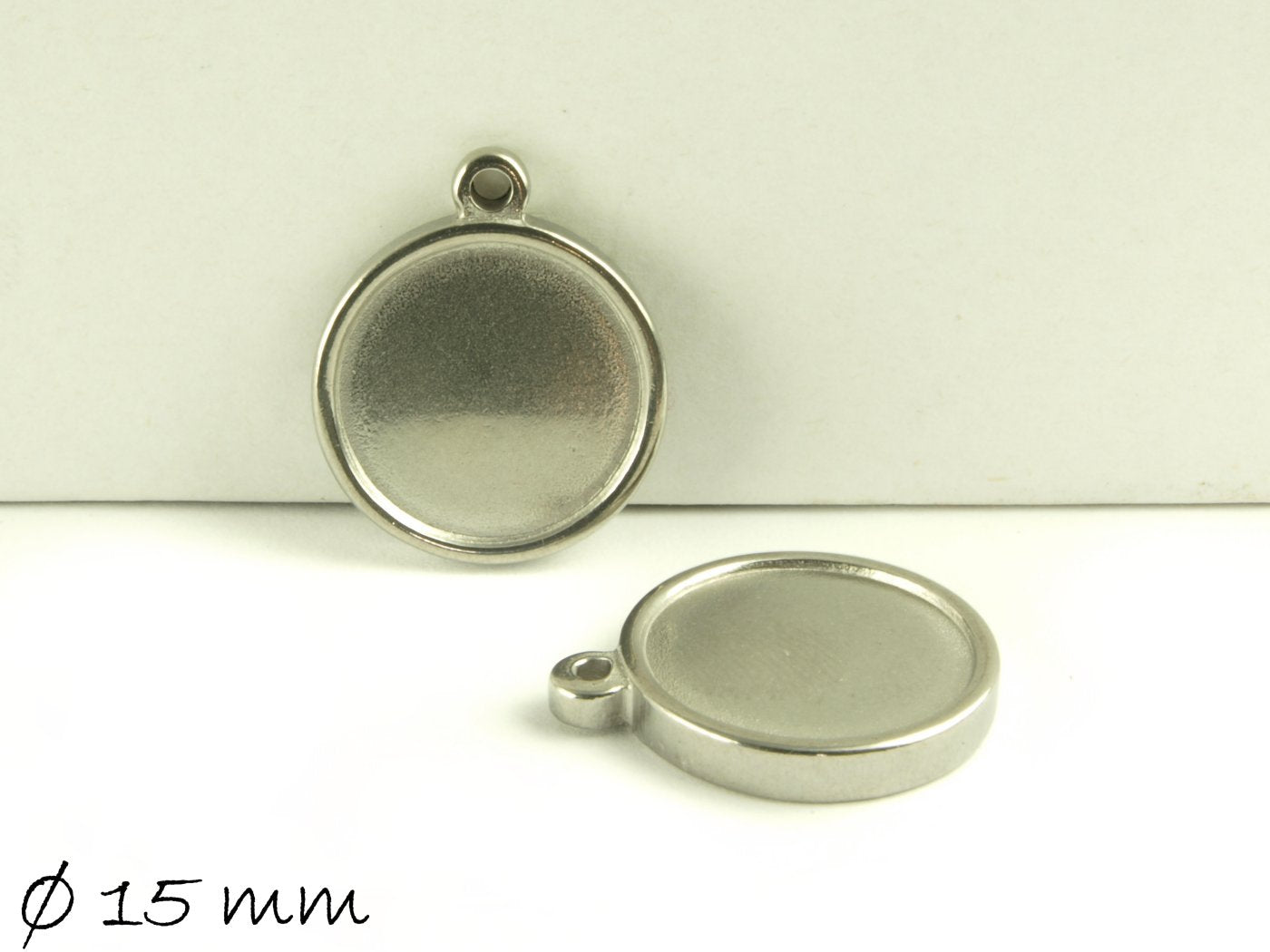 2 Stück Massive Anhänger mit Fassung für Cabochons, Edelstahl, Silber, 15 mm