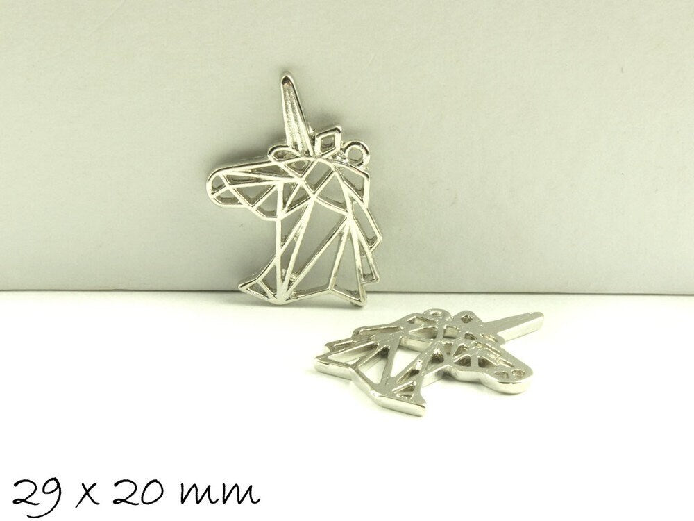 4 Stück Anhänger Origami Einhorn silber 29 x 20 mm
