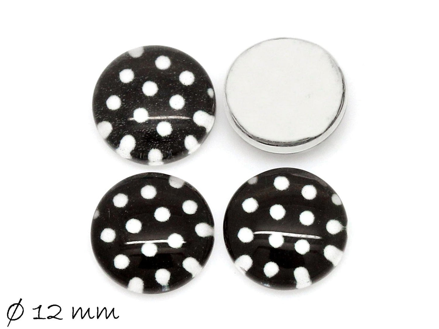 10 Stück runde Glas Cabochons mit weißen Punkten auf Schwarz Ø 12 mm