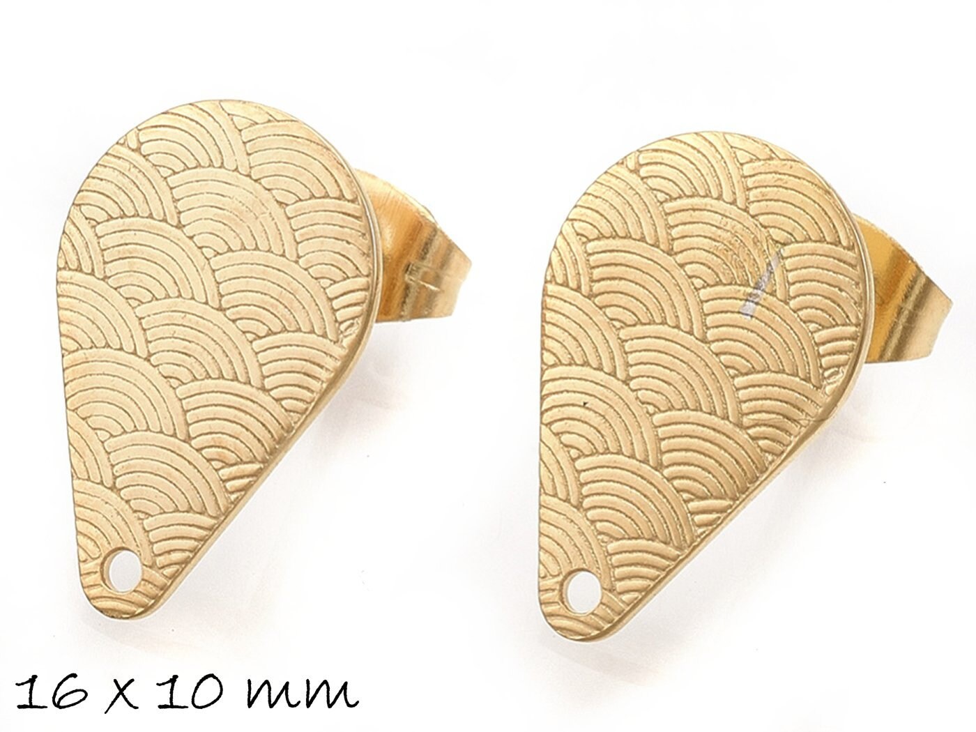 4 Stück Ohrstecker mit Öse aus Edelstahl, gold, Tropfen mit Wellenmuster