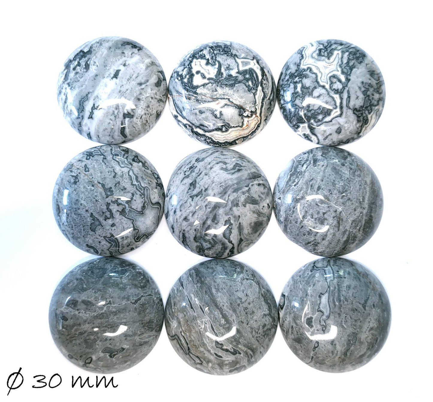 1 Stück Edelstein Cabochon, Ripple-Jasper, rund, Ø 30 mm, grau