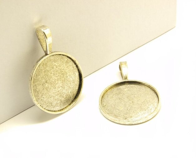 2 Stück Anhänger mit Cabochonfassungen / Medaillon 25 mm, altsiber