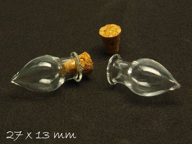 1 Stück Glasperlen Phiole hohl m. Korken Anhänger, oval, spitz