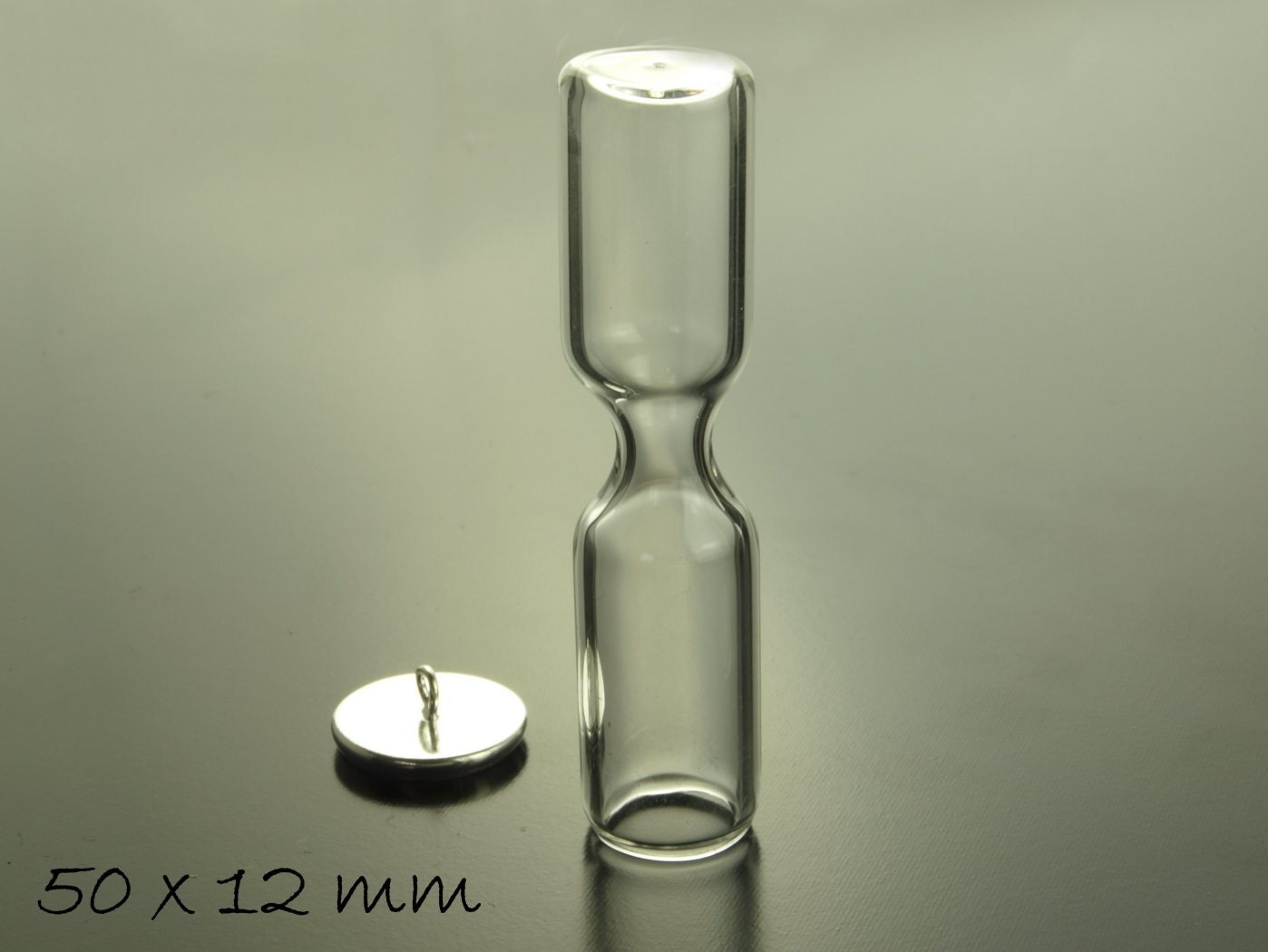 1 Stück Phiole mit Verschluss Sanduhr, hohl, 50 x 12 mm