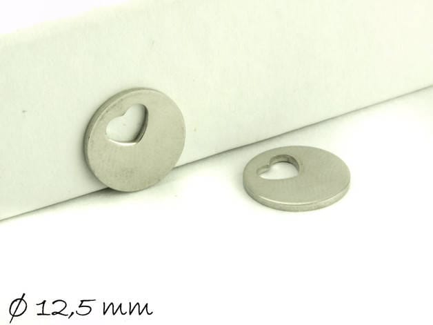 6 Stück Anhänger Edelstahl Stempel Plättchen, silber, rund mit Herz Ø 12,5 mm
