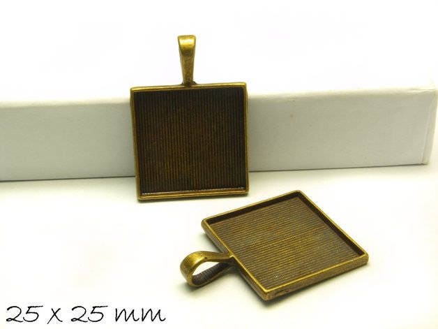 2 Stück Anhänger mit Cabochonfassung / Medaillon, 25 x 25 mm, bronze, quadratisch
