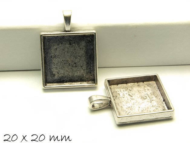 2 Stück Anhänger mit Fassung / Medaillon, 20 x 20 mm, antik silber, quadratisch