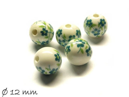 10 Stück Porzellan Perlen Ø 12 mm weiß grün türkis Blumen Blüten