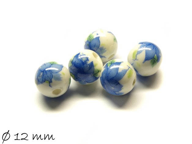 10 Stück Porzellan Perlen Ø 12 mm weiß-blau Blüten Blumen