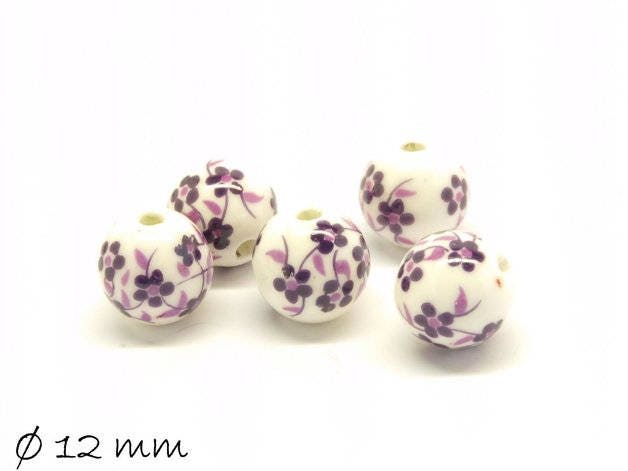 10 Stück Porzellan Perlen Ø 12 mm weiß lila Blumen Blüten