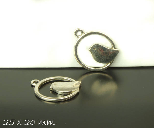 4 Stück Anhänger Vogel Spatz rund silber vintage 25 x 20 mm