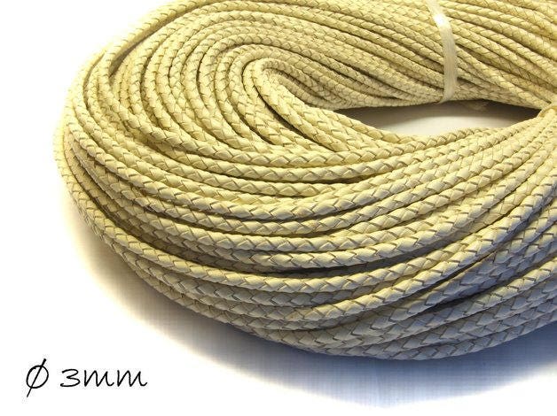 3,00EUR/m - 2 m Lederband geflochten weiß, 3 mm, Echtleder, Leder