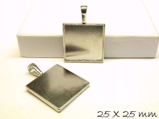 2 Stück Anhänger mit Cabochonfassung / Medaillon 25x25 mm, platin silber, quadratisch