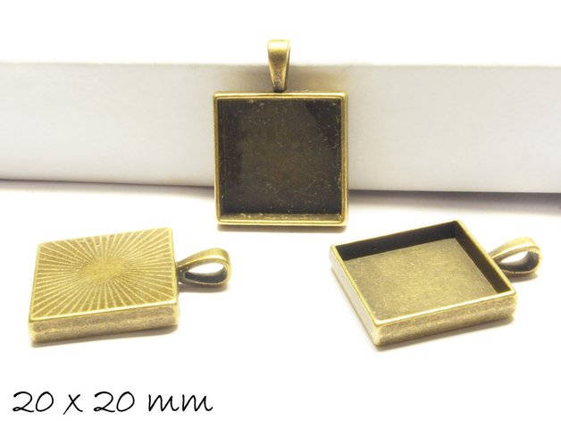 2 Stück Anhänger mit Fassung / Medaillon, 20 x 20 mm, antik bronze, quadratisch