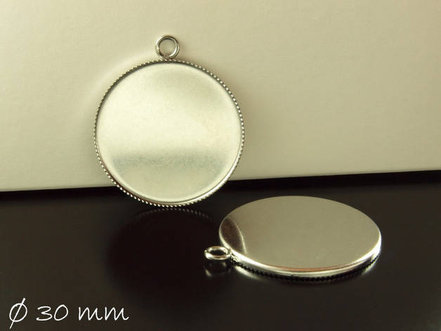 2 Stück Anhänger mit Fassung für Cabochons, Edelstahl, Silber, 30 mm