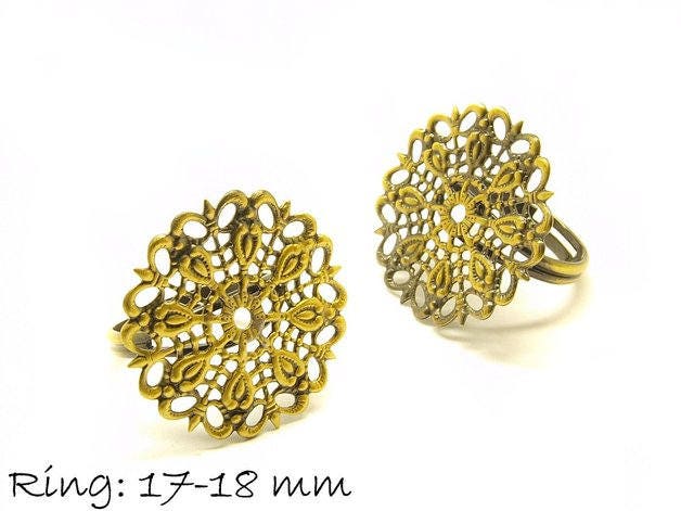 2 Stück Ring Rohling, verstellbar, bronze verziert, 17-18 mm