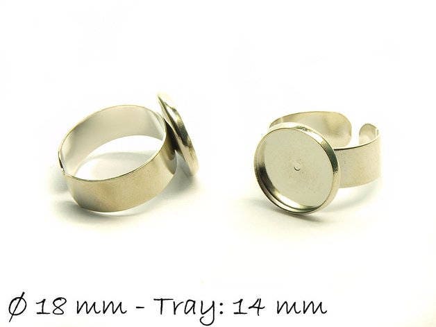 2 Stück Ring Rohlinge platin silber, 14 mm Cabochonfassung