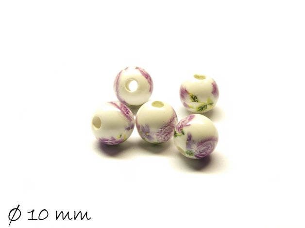 10 Stück Porzellan Perlen Ø 10 mm weiß lila Blumen Blüten