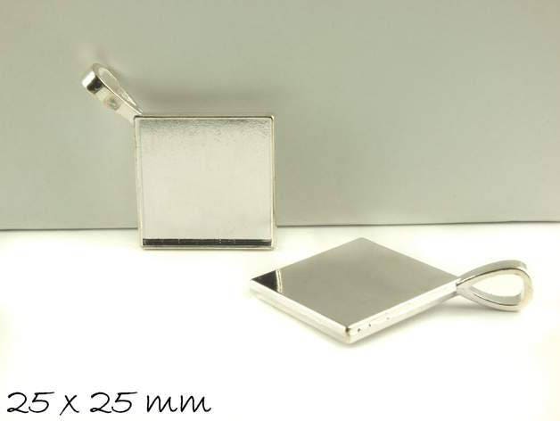 2 Stück Anhänger mit Cabochonfassung/Medaillon 25 x 25 mm, silber, quadratisch