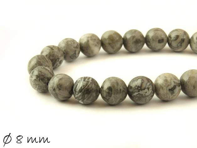 10 Stück Edelstein Perlen grauer Zebra Jasper (Jaspis) Ø 8 mm