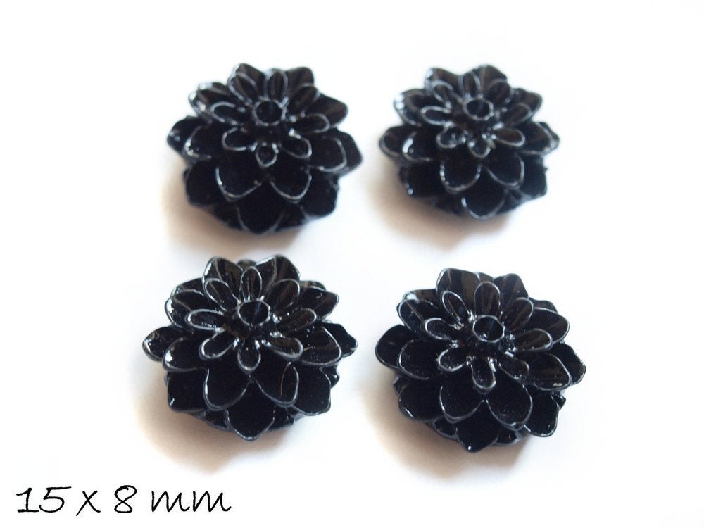 6 Stück Chrysanthemen Cabochons in schwarz, Ø 15 mm