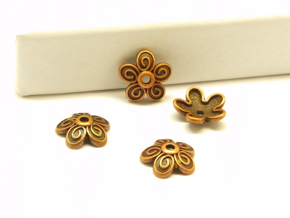 10 Stück Perlenkappen massiv keltisch kupfer vintag Blume, 10 mm