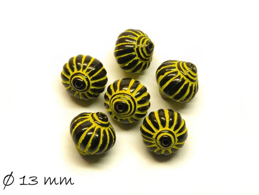 10 Stück Acryl Perlen rund antik, schwarz,  gelb 13 mm