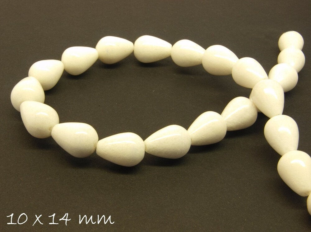 6 Stück Edelstein Jadeperlen, Edelstein, Tropfen, weiß, 10 x 14 mm