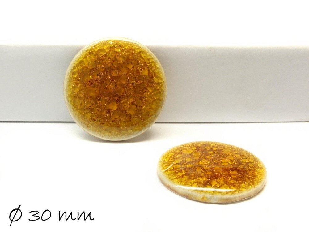 2 Stück gecrackelte Porzellan Cabochons ,Ø 30 mm, gelb