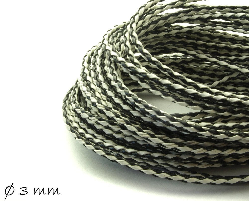 1,50EUR/m - 5 m Kunstlederband geflochten schwarz-weiß, 3 mm