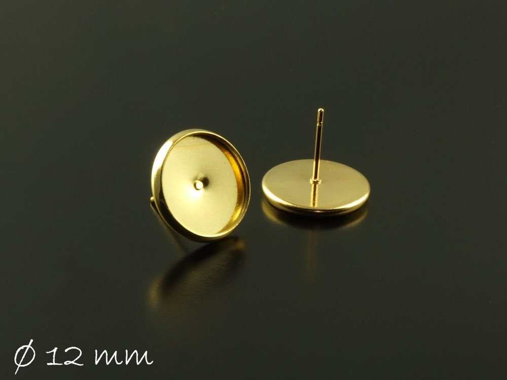 4 Stück Ohrstecker Rohlinge mit Fassung, Cabochon, gold, Ø 12 mm