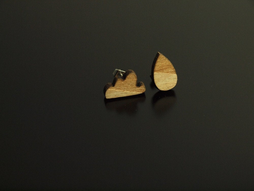 Ohrstecker Wolke Tropfen Wetter Regen Holz Ohrring