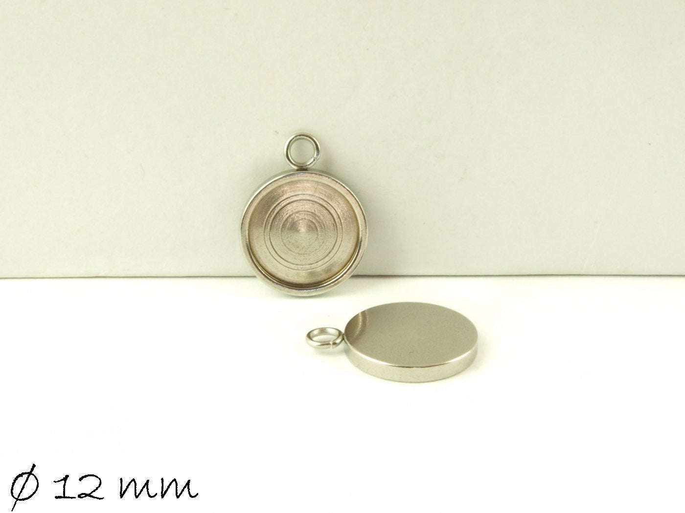 2 Stück Massive Anhänger mit Fassung für Cabochons, Edelstahl, Silber, 12 mm