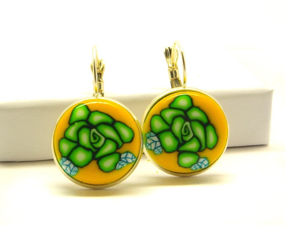 Ohrringe Cabochon Rose gelb grün weiß Fimo Clay