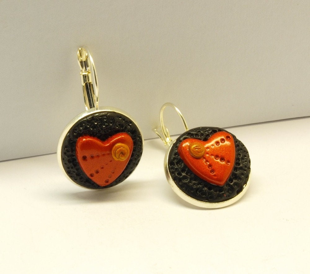 Ohrring Herz kupfer schwarz Cabochon Fimo Brisur