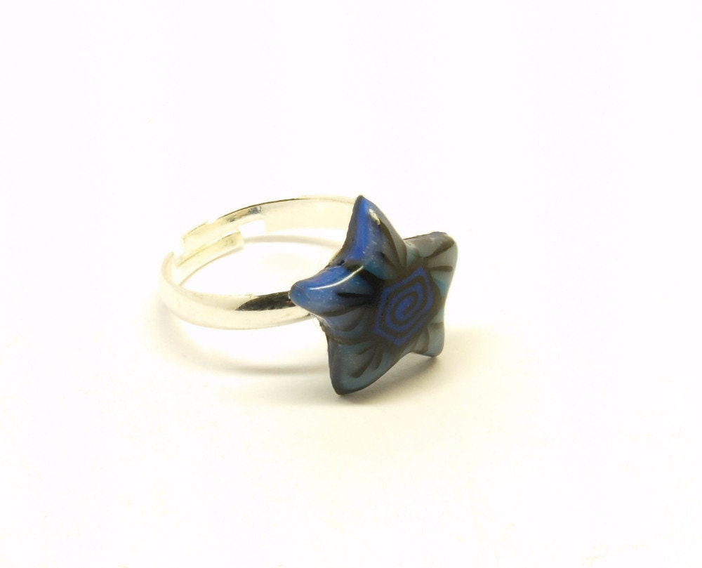 Ring Stern Fimo Polymer Clay blau Blume Blüte