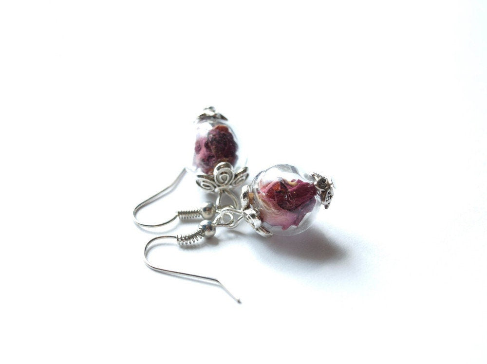 Ohrringe Perle Glas hohl gefüllt getrocknete Rosen