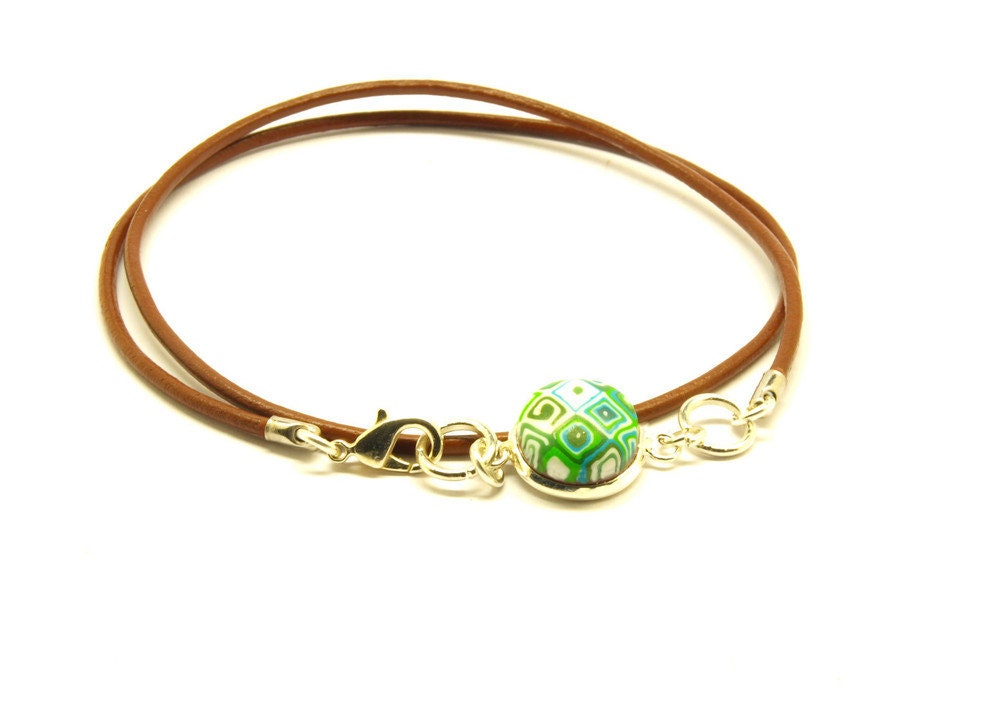 Wickelarmband Leder Cabochon grün weiß Armband