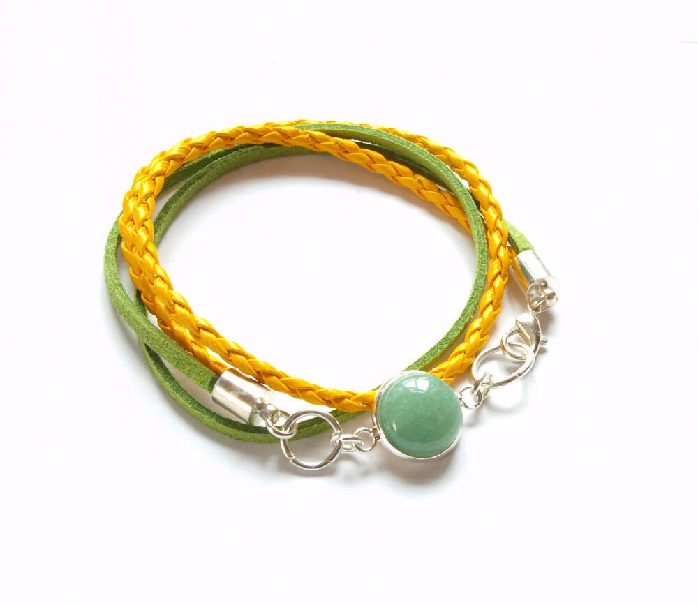 Wickelarmband Leder mit Aventurin Cabochon (12 mm), Edelstein