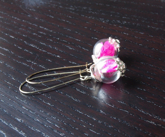Echte getrocknete Blüten Ohrringe Perle rosa #1