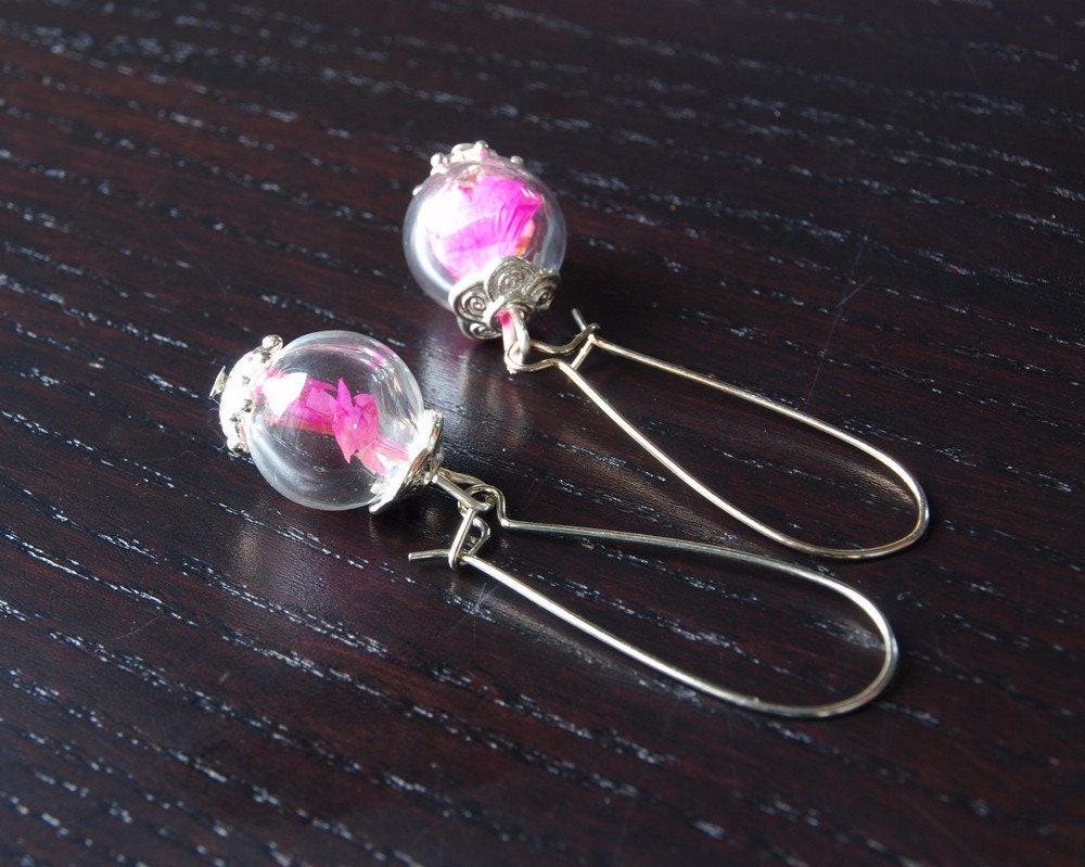 Echte getrocknete Blüten Ohrringe Perle rosa #1