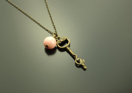Kette Anhänger Schlüssel Perle Koralle rosa bronze