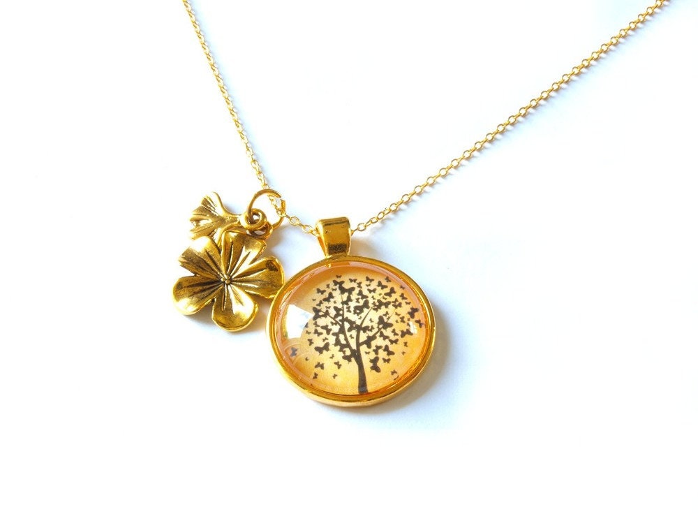 Kette golden Cabochon Glas Baum Lebensbaum Blatt