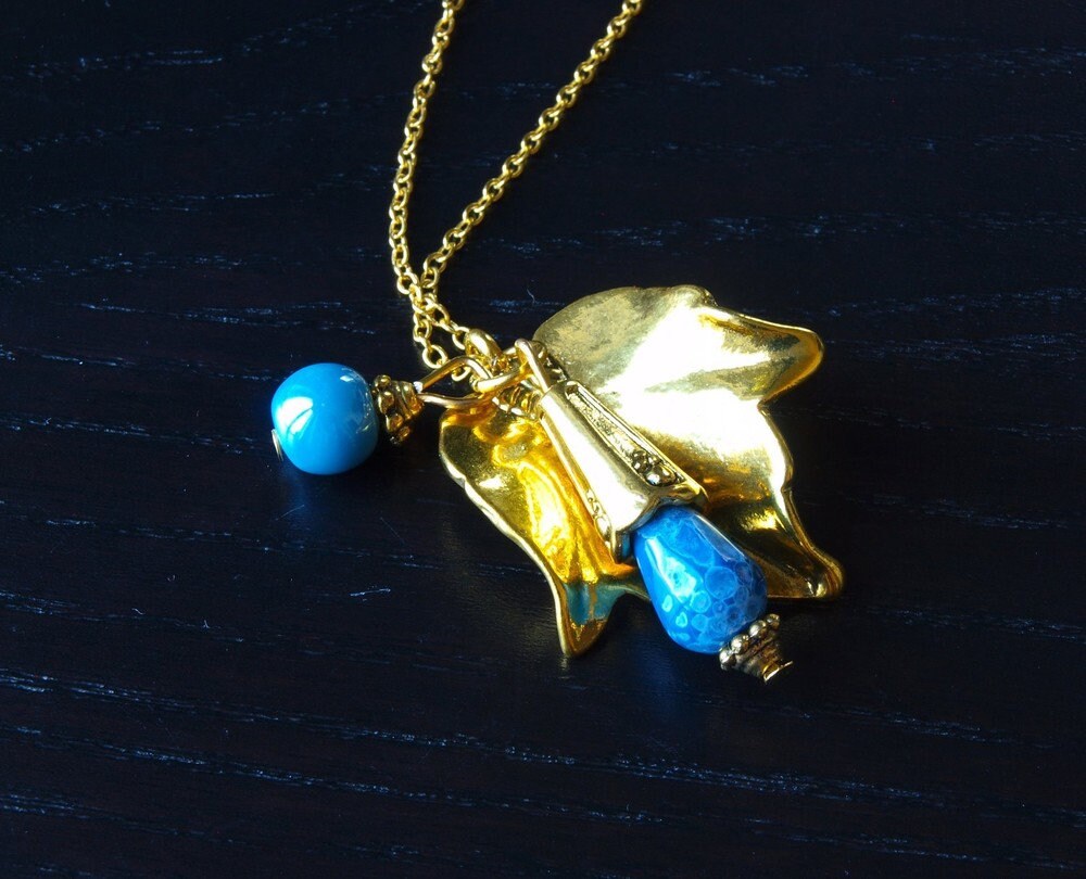 Kette Blatt Achat Edelstein Perle blau gold lang