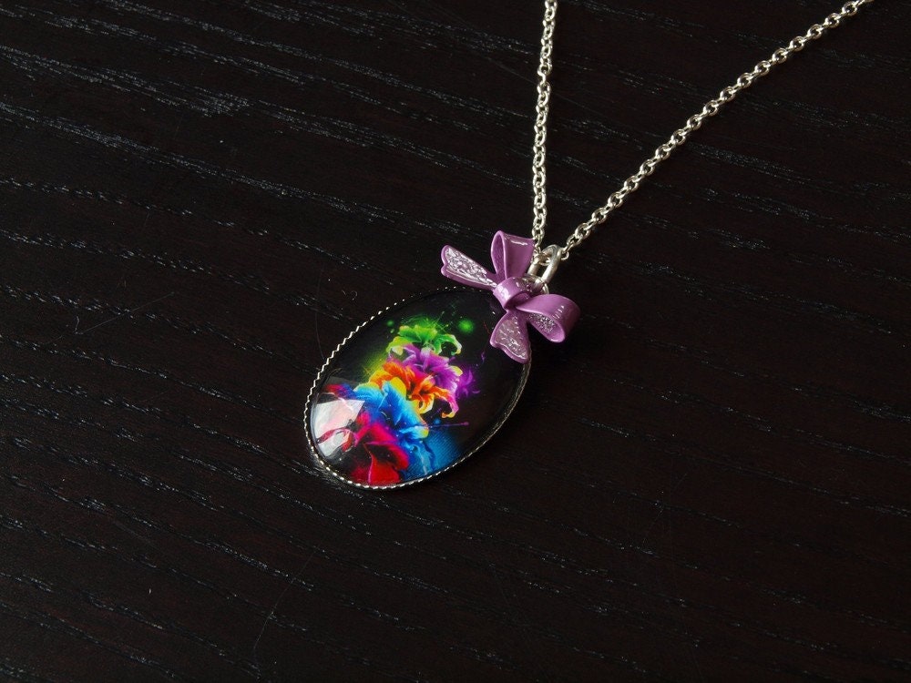 Kette silbern Cabochon Glas Blüte Blume bunt #4
