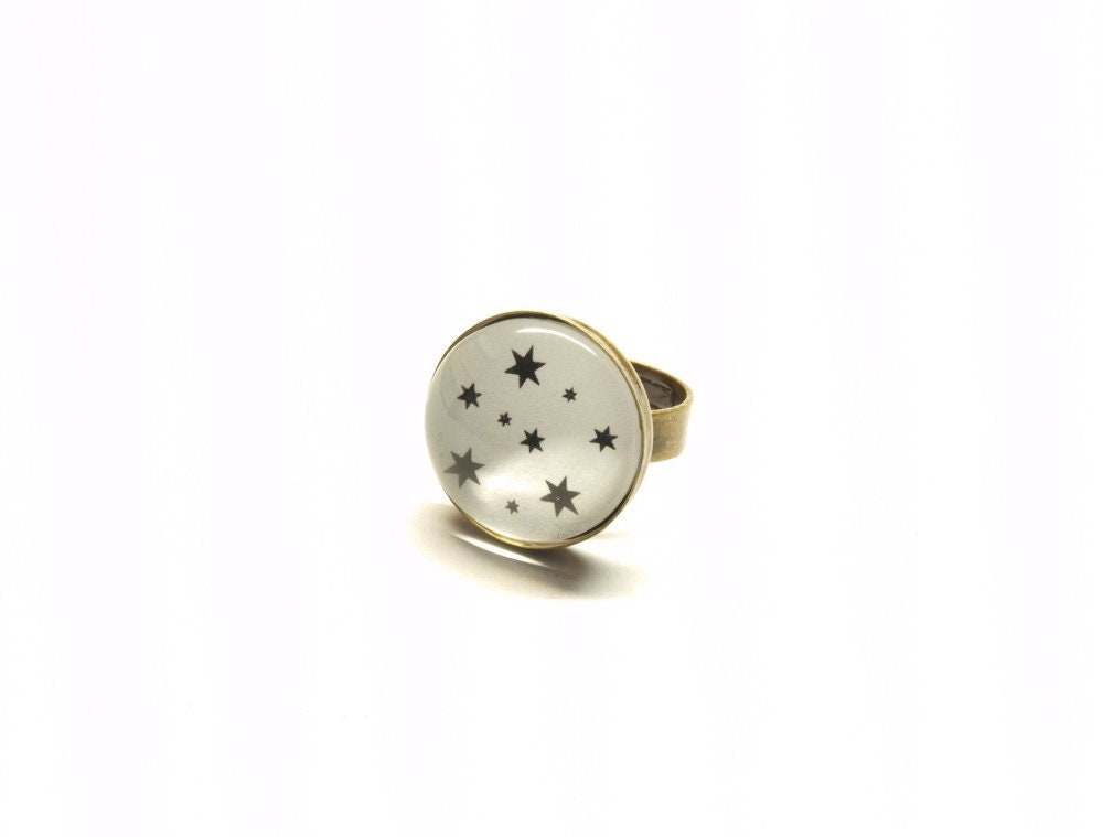 Ring Cabochon Glas Sterne bronze schwarz weiß