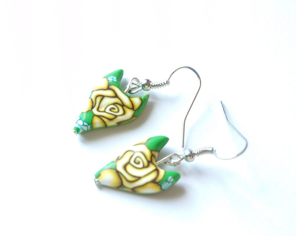 Ohrringe Fimo Clay Fuchs Rose grün gelb Ohrhänger