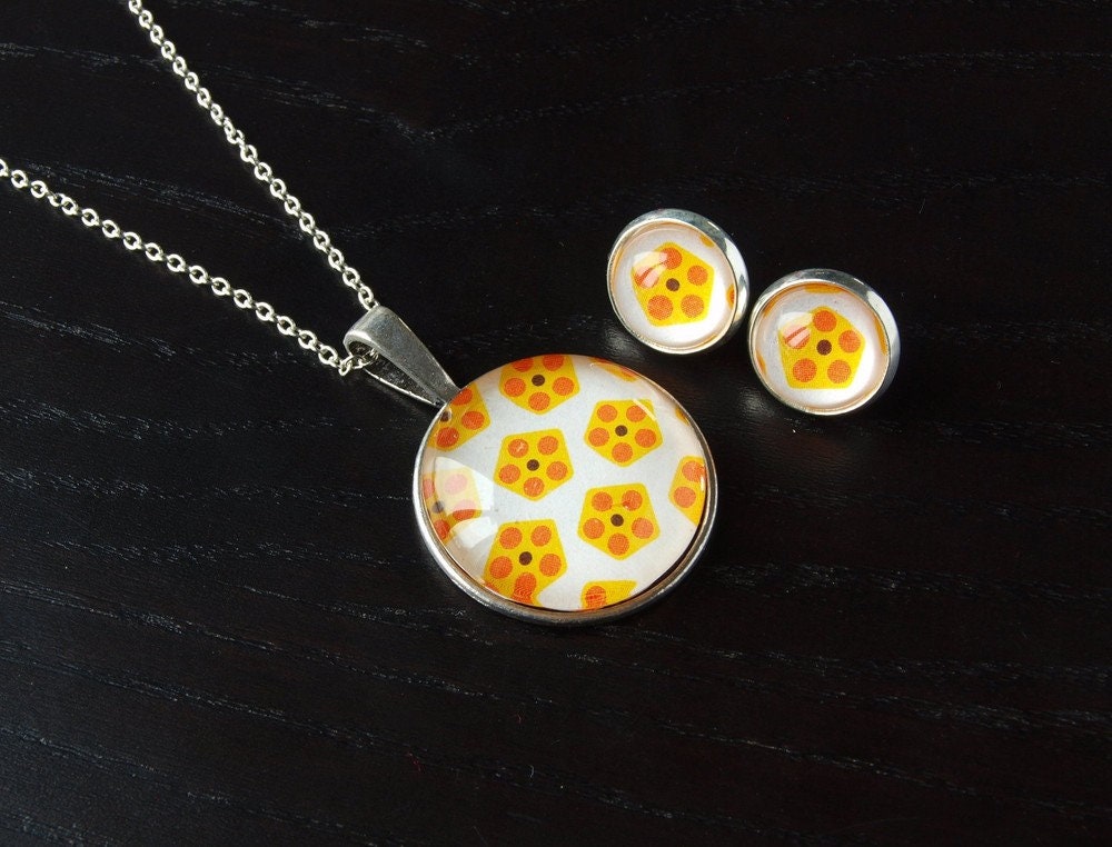 Schmuck Set Kette Ohrringe Cabochon Glas silber