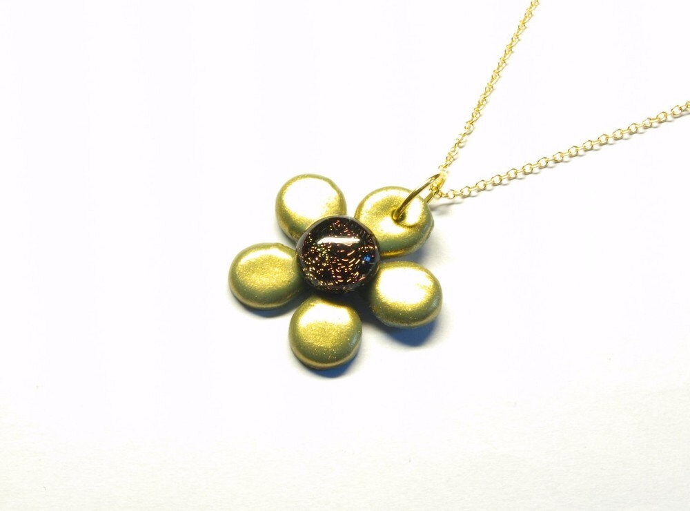 Kette Anhänger Polymer Clay Blüte Glas Blume gold