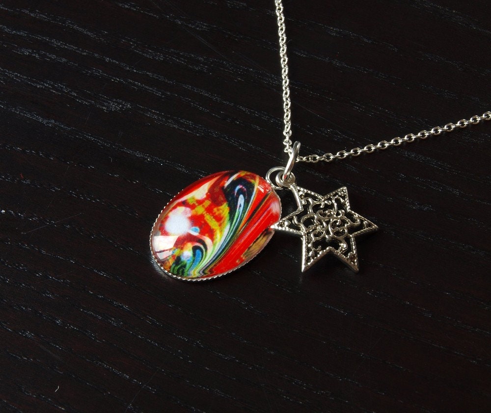 Kette silbern Cabochon retro Muster rot Stern